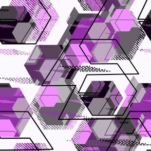 Abstract geometric grunge pattern. Gray, lilac, purple hexagons on a white background.