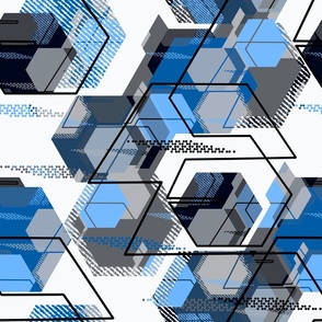 Abstract geometric grunge pattern. Gray, blue hexagons on a white background.