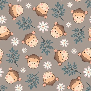 sweet monkeys 2 two inch baby monkey face tossed garden botanical in warm taupe stone grey gray kids childrens clothing and bedding