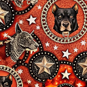 Rottweiler Dogs with Chains and Stars Bandana Inspired Farmhouse