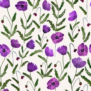 Large Purple Poppies on Cream / Flowers / Floral Watercolor