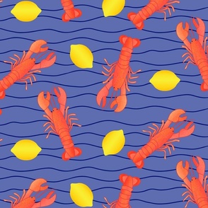 Crustacean Lobsters and Lemons Tossed on A Periwinkle Ground with Waves Large Scale