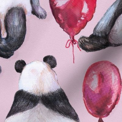funny pandas in love, hearts, balloons