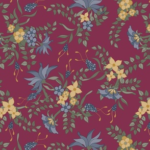 Stylized Blue and Yellow Flowers on Burgundy Inspired by the Hand Painted Flowers on Fabric of India