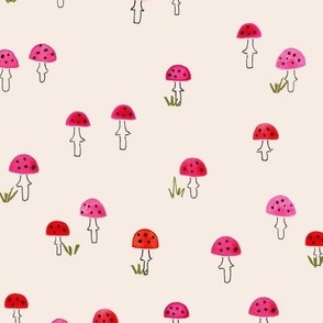 Cute little painted and hand drawn mushrooms in the field, pink and red mushrooms