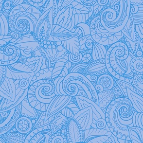 Leafy Swirls and Spirals Hand Drawn Blue