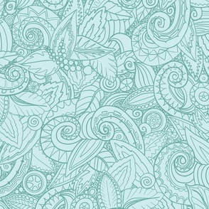 Leafy Swirls and Spirals Hand Drawn Aqua and Turquoise