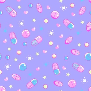 Pastel Kawaii Menhera Medication With Hearts, Stars and Sparkles - Purple Colorway