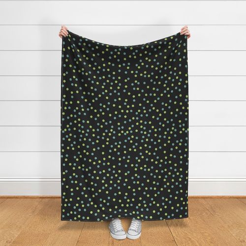 Festive Party Polka Dots Tossed in Teal and Grass Green on Black