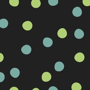 Festive Party Polka Dots Tossed in Teal and Grass Green on Black