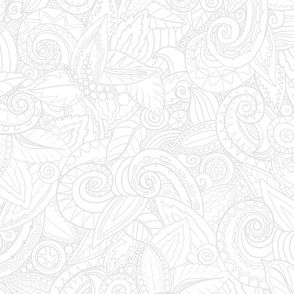 Leafy Swirls and Spirals Hand Drawn Grey on White