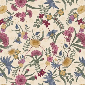 Historical Stylized Blooms Scattered across a Beige Background Inspired by Hand Painted Fabrics of India