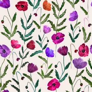 Large Rainbow Flowers / Pink Purple Poppies / Watercolor