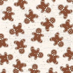S ✹ Tossed Gingerbread Men on a Rustic Cream and Gray Wood Grain Background