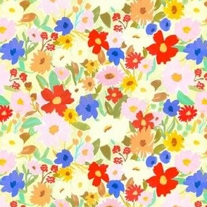 Small | Colorful Hand-Painted Floral with Red, Blue, Pink, Cream, Yellow, and Orange
