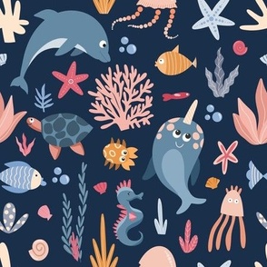 Sea animals underwater on dark blue background 