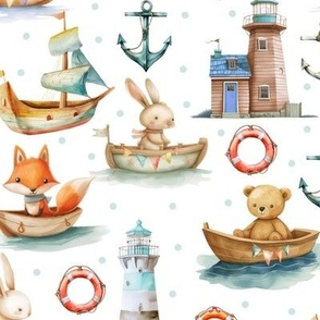 Watercolor sailor foxes, bears and rabbits