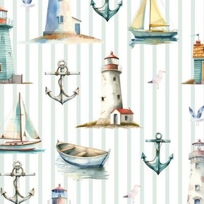 Watercolor lighthouses, boats, anchors and seagulls