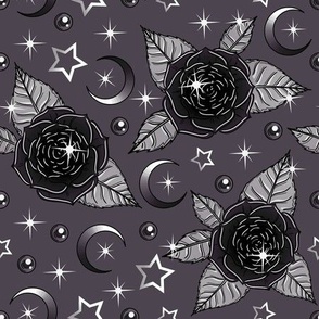Gothic Kawaii Black, Grey, and White Celestial Roses, Moons, Sparkles, and Stars