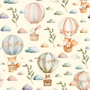 Cute fox and rabbit in hot air balloon