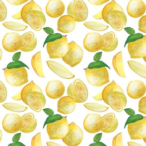 Lemon in watercolor with leaves and slices 