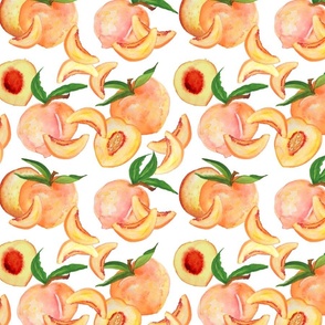 Peaches in watercolor with whole and sliced  peaches and green leaves