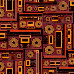 Boomboxes - large - pink, orange, and yellow on black 