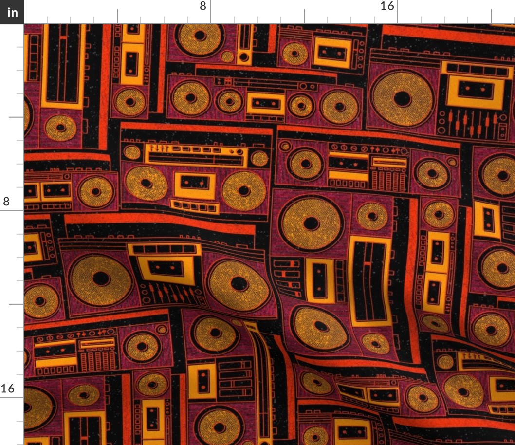 Boomboxes - large - pink, orange, and yellow on black 