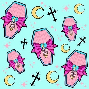 Pastel Pink Coffins With Magenta Bows, Yellow Moons, Black Crosses, Sky Blue Colorway