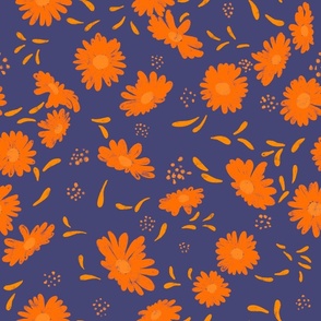Artistic Textured Floral orange, violet flowers with dots, petals hand-drawn for bags and quilts