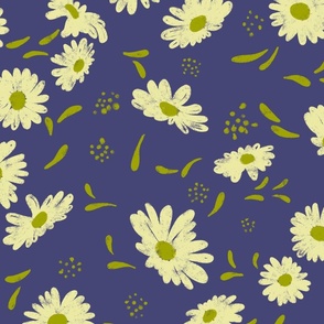 Artistic Textured Floral yellow, violet flowers with dots, petals hand-drawn for bags, quilts