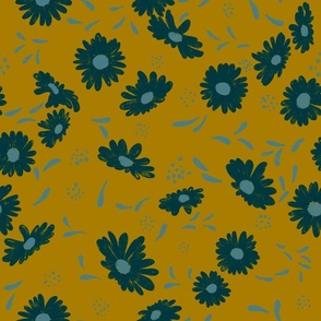 Artistic Textured Floral yellow, teal, ochre flowers with dots, petals hand-drawn for bags, quilts