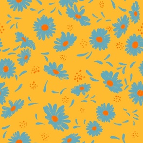 Artistic Textured Floral yellow, retro blue, orange, tangerine flowers with dots, petals hand-drawn for bags, quilts