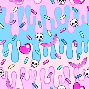 Pastel Goth Frosting Drips, Candy Bats, Skulls, Sprinkles and Hearts, Pastel Pink, Sky Blue, Peach Colorway