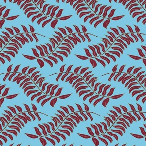 Fern Forest Flow sky blue & cranberry red, Large Fern Frond Repeat