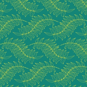 Fern Forest Flow Peacock Green & Pale Yellow Outline, Large Fern Frond Repeat