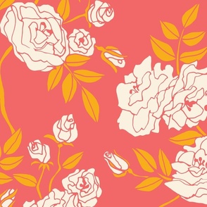 Modern Victorian Blooms: Maximalist Climbing Rose Floral in a Contemporary yet Classic Repeat for Wallpaper and Fabric | Cream, Bright Coral Red, and Gold |  Large (24 x 45.5 inch repeat) | Modern Victorian Cottage