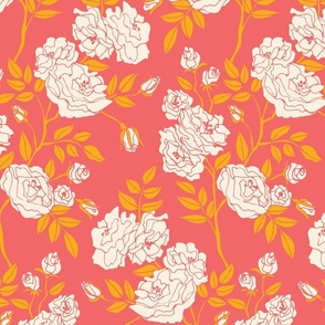 Modern Victorian Blooms: Maximalist Climbing Rose Floral in a Contemporary yet Classic Repeat for Wallpaper and Fabric | Cream, Bright Coral Red, and Gold|  Medium Scale (12 x 22.75 inch repeat) | Modern Victorian Cottage