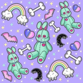 Pastel Goth Bunnies, Rainbows, Hearts, Moons, Bats, and Bones - Lavender and Mint Colorway