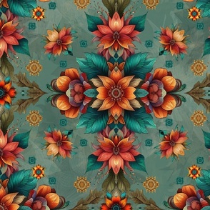 Symmetrical Teal and Orange Flowered Wallpaper - detailed with Texture