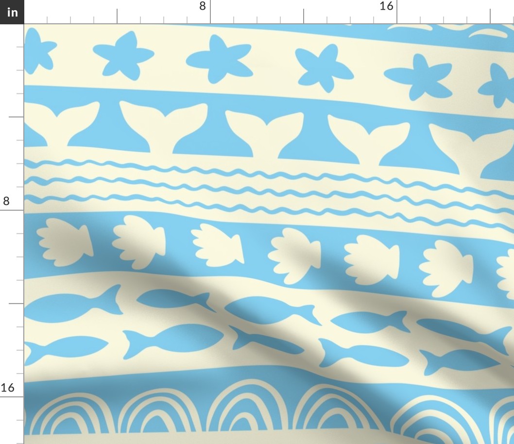 large // tropical sea life tribal stripe in light baby blue 