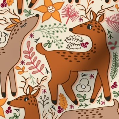 Deer in Christmas - holly, berry, flowers, winter forest - christmas fabric