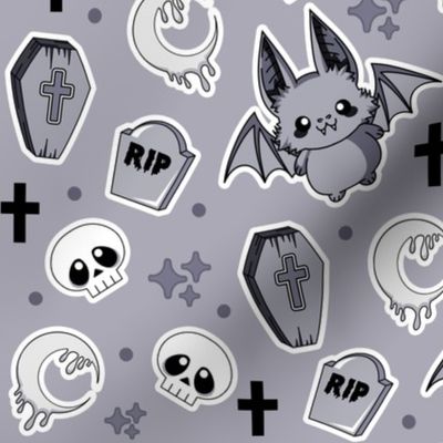 Gothic Kawaii Halloween Bats, Moons, Coffins, Skulls, Headstones and Crosses - Gray and Black Colorway