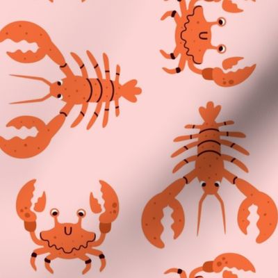 Lobsters and Crabs on Pink - Whimsical Sea Creatures