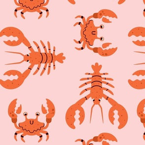 Lobster and Crab Crustaceans on Pink - Nautical Charm