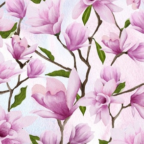 Beautiful Watercolor Pink Lily Magnolia Blossoms