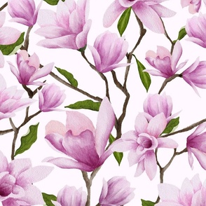 Watercolor Pink Lily Magnolia Blossoms on a Pastel Pink Background