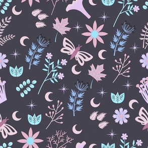 Cottagecore, Moths, Flowers, Leaves, Plants, Mushrooms, and Moons - Slate Gray Colorway