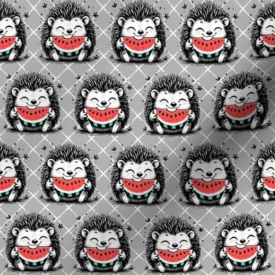 Smaller Happy Hedgehogs Eating Watermelon Grey