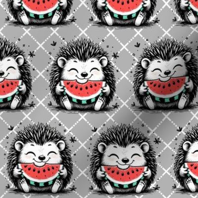 Bigger Happy Hedgehogs Eating Watermelon Grey